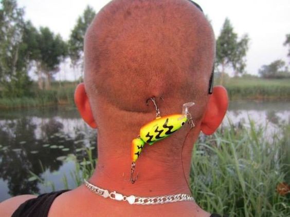 fishing hook in the back of the head