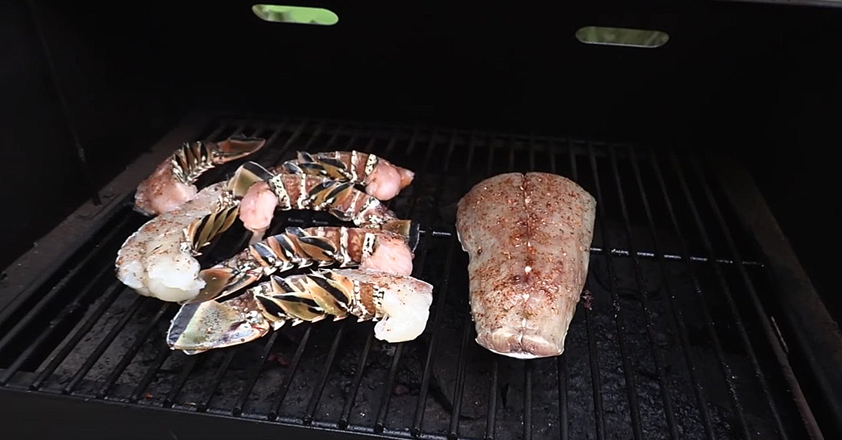 traeger wood pellet grill with lobster and kingfish